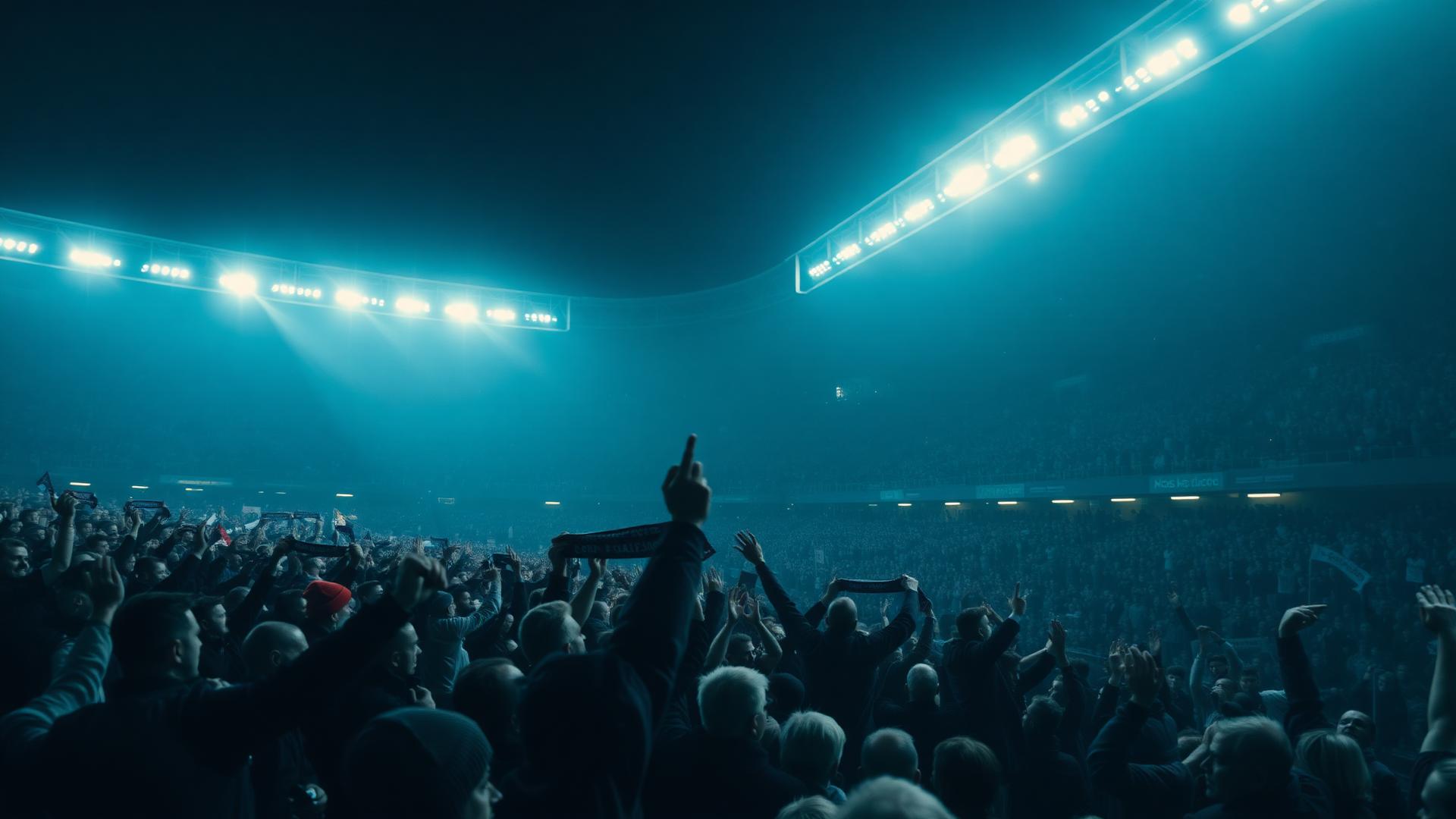 Supporters packed into a floodlit stadium on a matchday