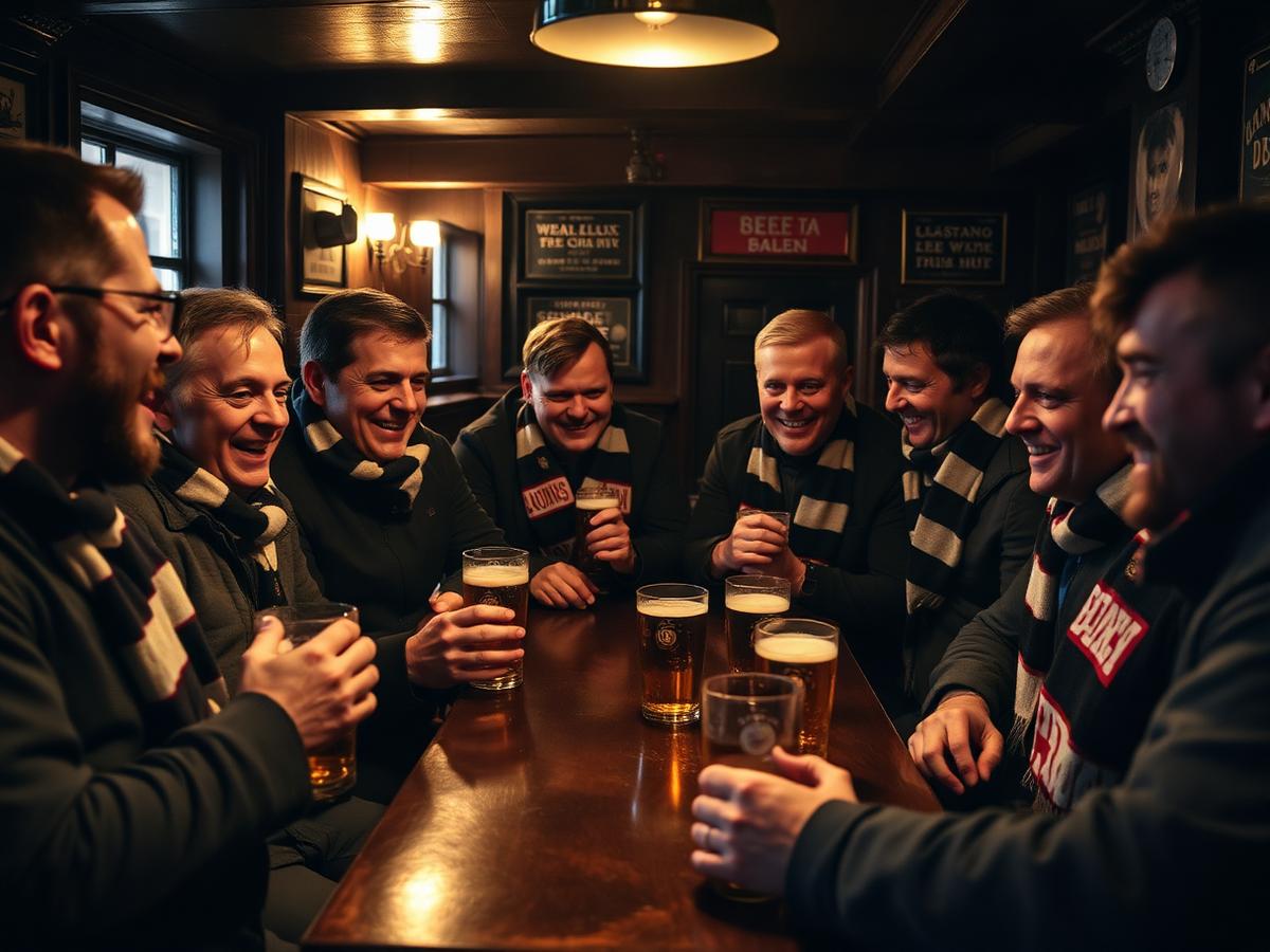 Supporters gathered around a table in a pub before a match